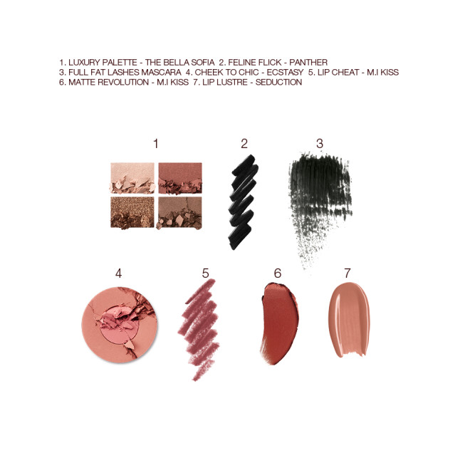 Swatches of a quad eyeshadow palette in matte and shimmery nude brown shades, black eyeliner and mascara, two-tone blush in golden peach and warm pink, lip liner in wine, lipstick in redwood, and lip gloss in brownish peach. 