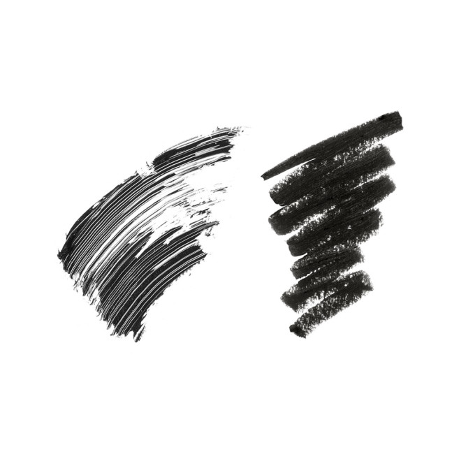 Swatches of a black-coloured mascara and black-coloured eyeliner pencil.