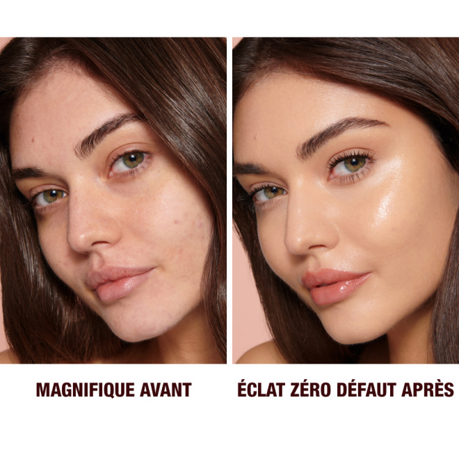 Close-up of a before and after of a medium-tone model wearing smokey brown and black eye makeup with a  glow-boosting primer that blurs her pores and makes skin look flawless. 