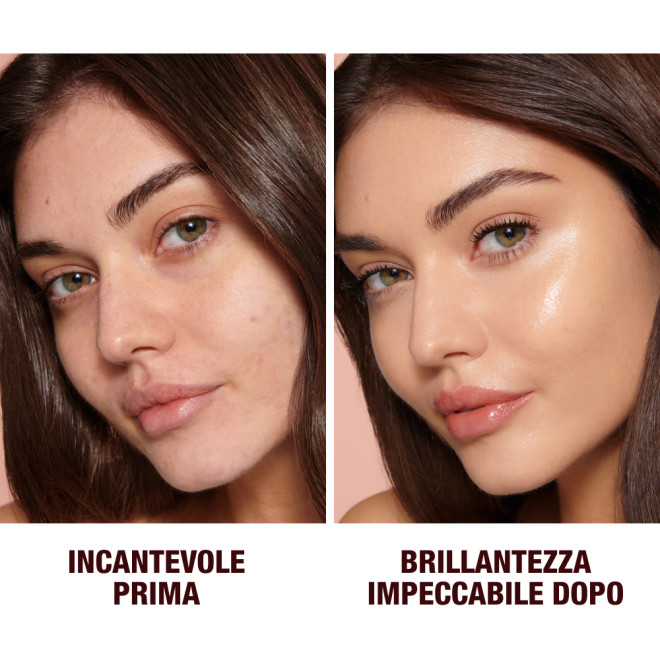 Close-up of a before and after of a medium-tone model wearing smokey brown and black eye makeup with a  glow-boosting primer that blurs her pores and makes skin look flawless. 