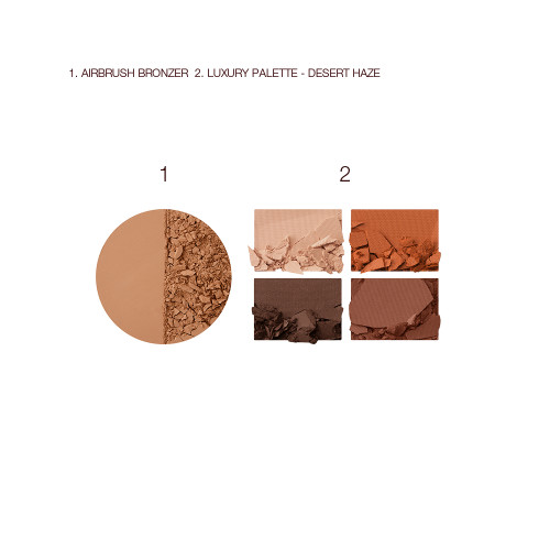 Swatches of a medium-brown powder bronzer and quad eyeshadow palette in shades of brown and beige. 