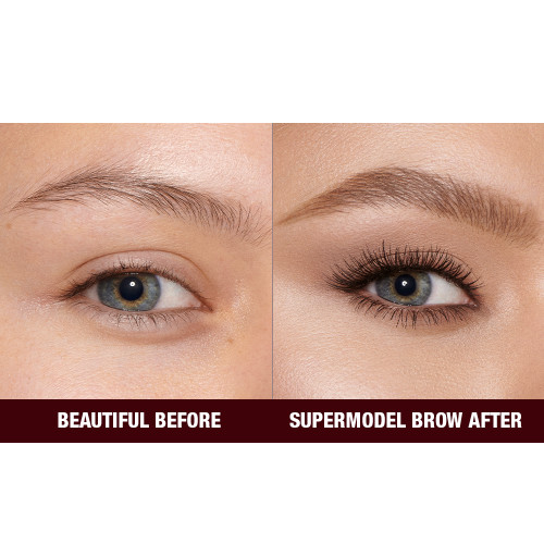 Before and after of a fair-tone model with blue eyes with bare brows on one side and thick, filled, and lined eyebrows on the other side after applying a soft-brown-coloured eyebrow pencil.