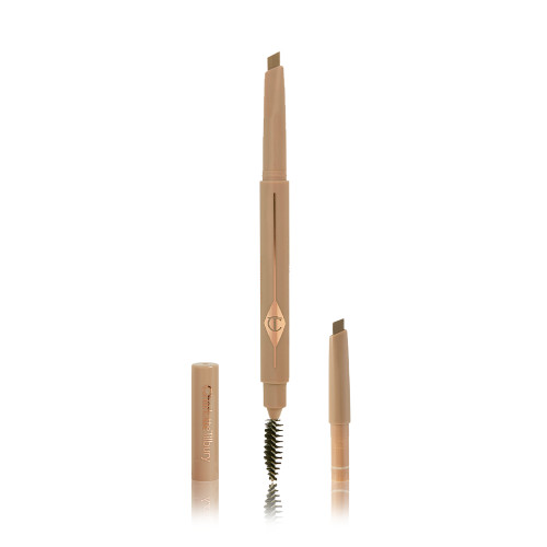 A double-ended eyebrow pencil and spoolie brush duo in a taupe shade with golden-taupe-coloured packaging and the refill besides it.