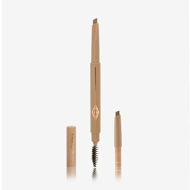 Brow Lift in Taupe Full Size and Refill Kit open A double-ended eyebrow pencil and spoolie brush duo in a taupe shade with golden-taupe-coloured packaging and the refill besides it.