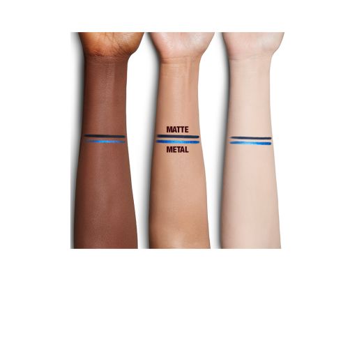 Fair, tan, and deep arm swatches of two eyeliners in sapphire blue and sky blue colours.