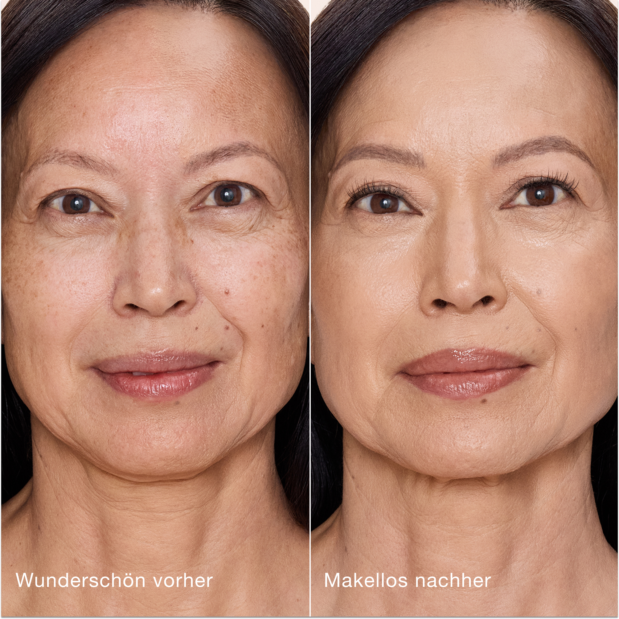 Ein direkter Vergleich zeigt die Haut vor und nach dem Auftragen des Charlotte Tilbury Airbrush Flawless Concealers mit den Beschriftungen „Wunderschön vorher“ und „Makellos nachher“.