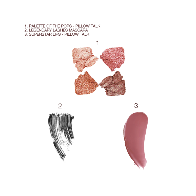 Swatches of four shimmery eyeshadows in champagne, copper, pink, and brown, a jet-black mascara, and a berry-pink lipstick. 