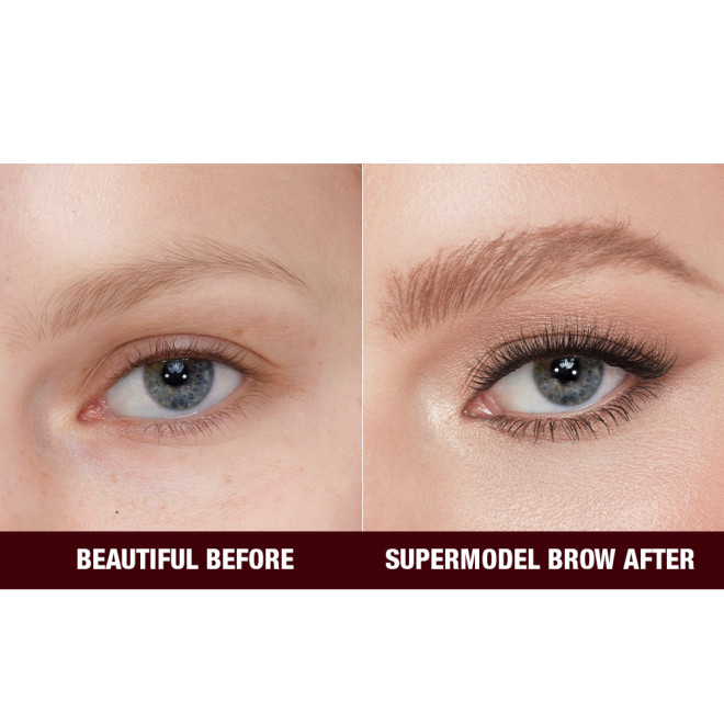 Before and after of a fair-tone model with blue eyes with bare brows on one side and thick, filled, and lined eyebrows on the other side after applying a taupe-coloured eyebrow pencil.