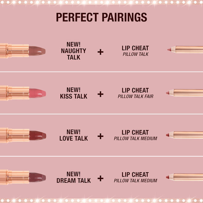 The perfect pairings for the NEW! Pillow Talk Love Effect Lipsticks with Charlotte's Lip Cheats The perfect pairings for the NEW! Pillow Talk Love Effect Lipsticks with Charlotte's Lip Cheats