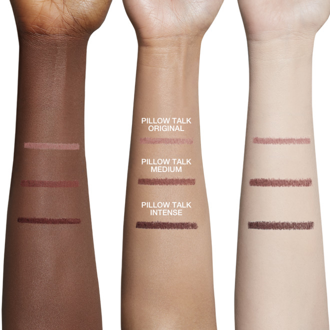 Deep-tone, fair-tone, and tan arms with lip liner trio swatches in nude pink, brown-pink, and dark taupe-brown colours. 