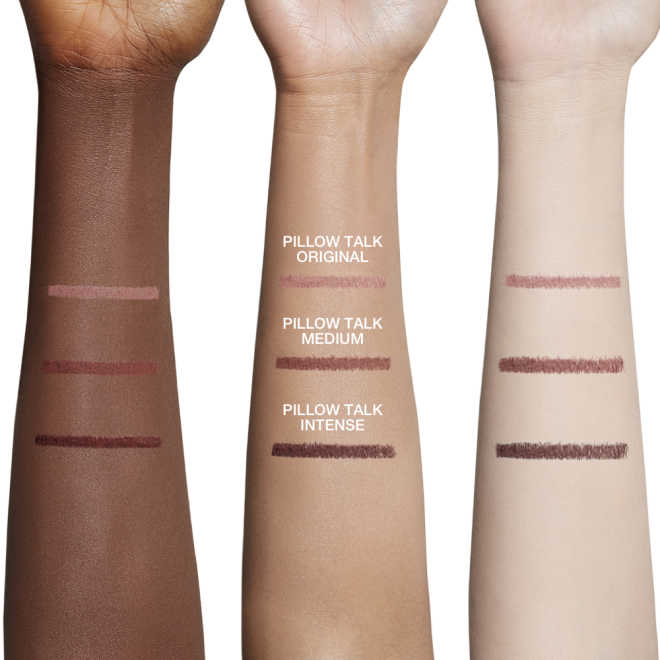 Deep-tone, fair-tone, and tan arms with lip liner trio swatches in nude pink, brown-pink, and dark taupe-brown colours. 