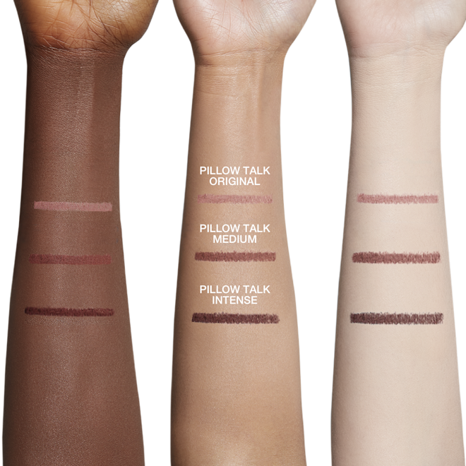 Lip Cheat Lip Liner trio swatches Deep-tone, fair-tone, and tan arms with lip liner trio swatches in nude pink, brown-pink, and dark taupe-brown colours.