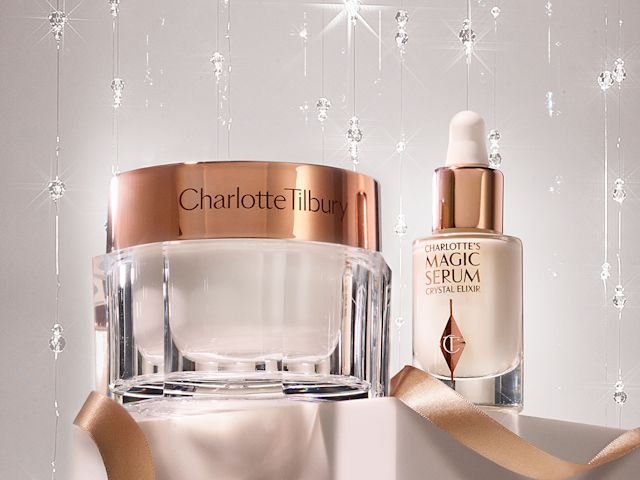 Pearly-white face cream in a glass jar with gold-coloured lid and a luminous face serum in a glass bottle with a white and gold-coloured dropper lid.
