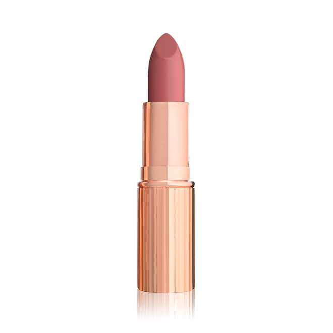 An open lipstick in a warm coral rosebud colour with a satin-finish in a gold-coloured tube.