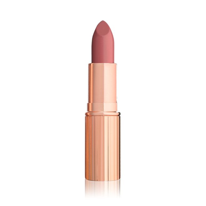 An open lipstick in a warm coral rosebud colour with a satin-finish in a gold-coloured tube.