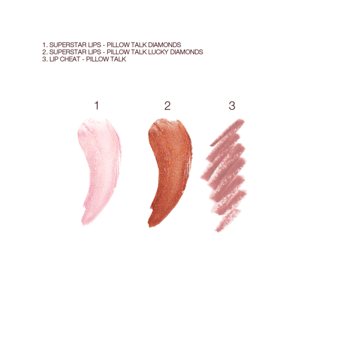 Swatches of two sheer, shimmery lipsticks in nude pink and dark coppery-pink, and lip liner in nude-pink shade. 