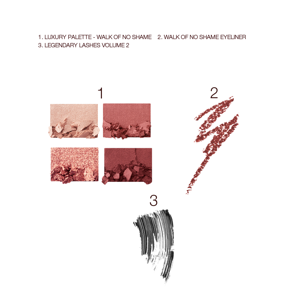 Swatches of a quad eyeshadow palette in shades of cranberry and gold, berry-pink eyeliner, and black mascara.