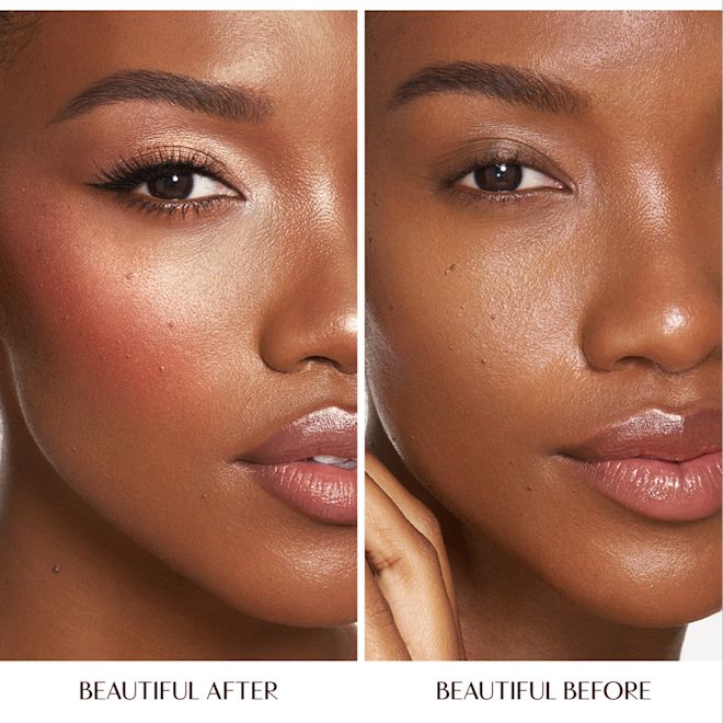 Model wearing Disney 100 x Charlotte Tilbury Beauty Light Wand in Gold before and after. Model wearing Disney 100 x Charlotte Tilbury Beauty Light Wand in Gold before and after.