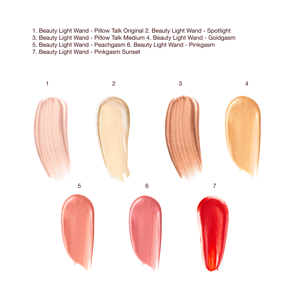 Swatches of six liquid highlighters and liquid highlighter blushes in medium-pink, honey gold, pale pink, rose gold, candlelight-gold, and bronze-gold. 