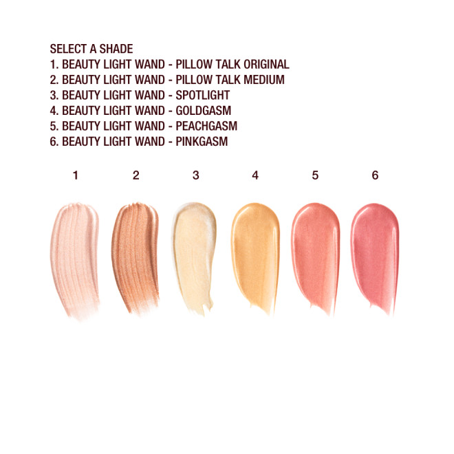 Swatches of six liquid highlighters and liquid highlighter blushes in medium-pink, honey gold, pale pink, rose gold, candlelight-gold, and bronze-gold. 