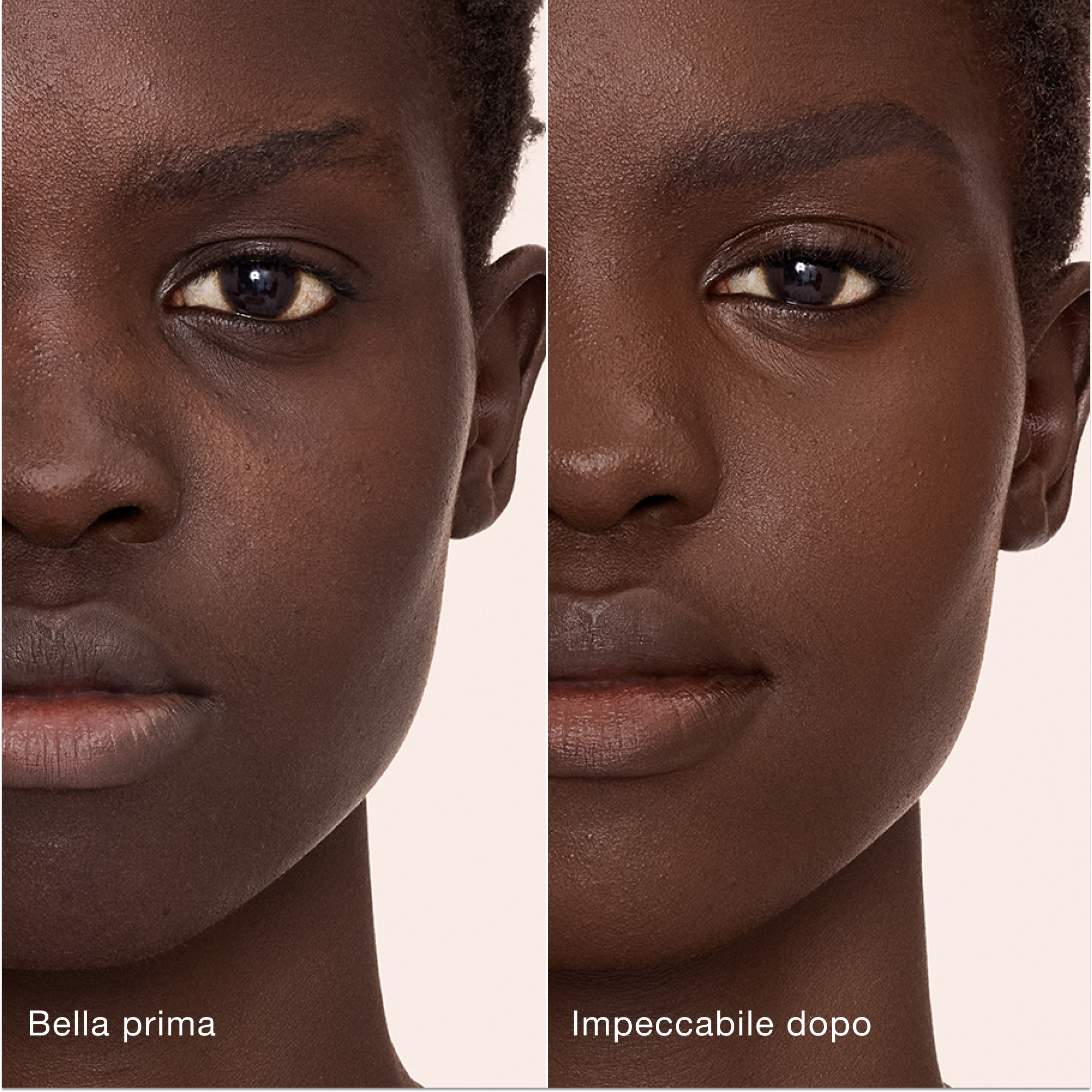 Confronto affiancato che mostra la pelle prima e dopo aver applicato il correttore Airbrush Flawless di Charlotte Tilbury, con le etichette di testo "Bella prima" e "Impeccabile dopo".