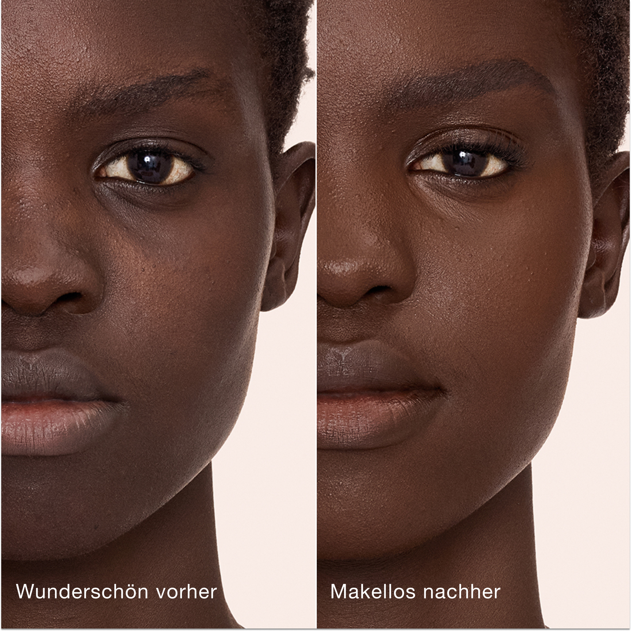 Ein direkter Vergleich zeigt die Haut vor und nach dem Auftragen des Charlotte Tilbury Airbrush Flawless Concealers mit den Beschriftungen „Wunderschön vorher“ und „Makellos nachher“.