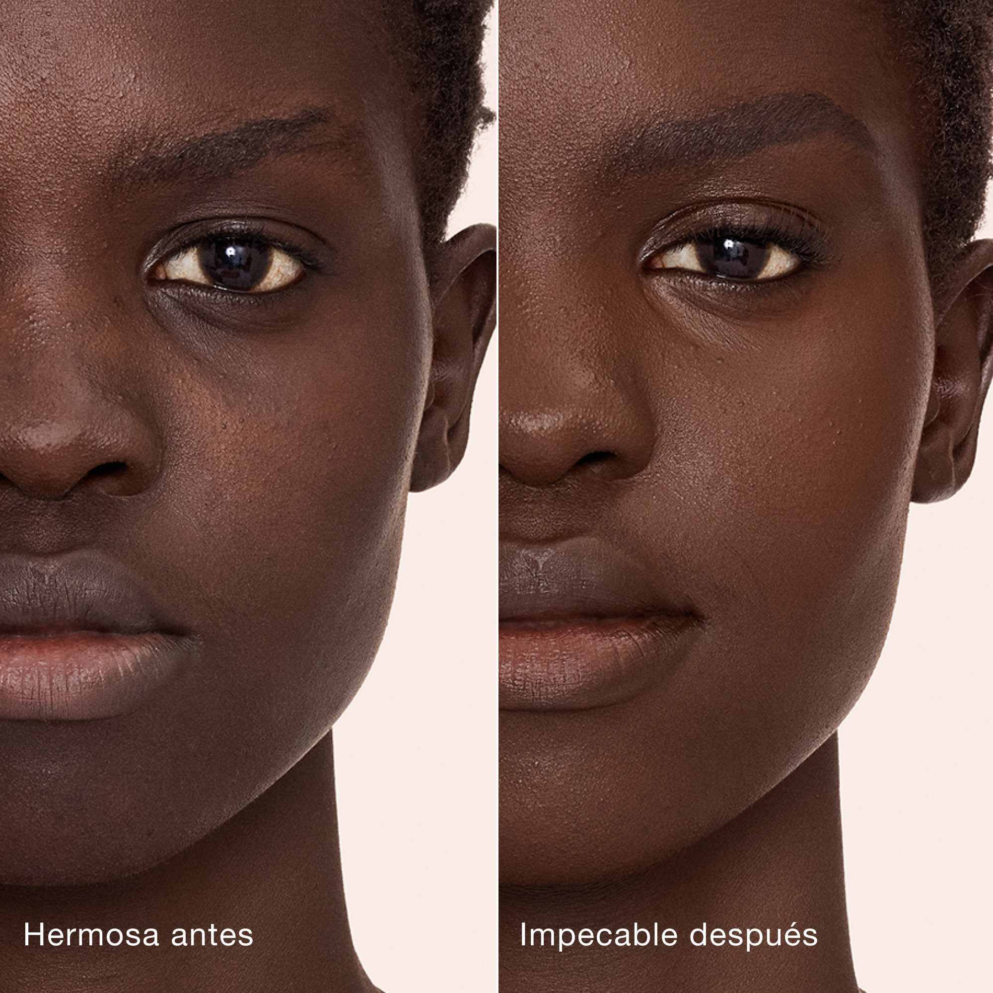 Comparación paralela que muestra la piel antes y después de aplicar el corrector Charlotte Tilbury Airbrush Flawless Concealer con las etiquetas de texto "Preciosa antes", "Impecable después".