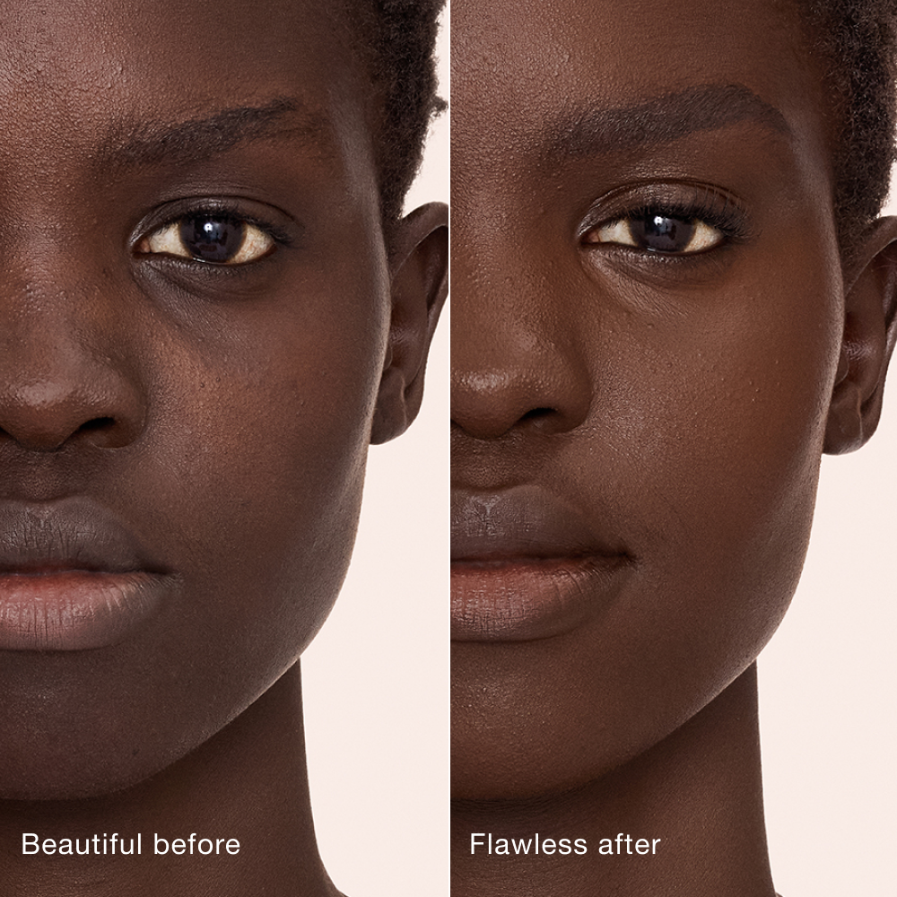 Side-by-side comparison showing skin before and after applying Charlotte Tilbury Airbrush Flawless Concealer, with text labels 'Beautiful before' and 'Flawless after'.