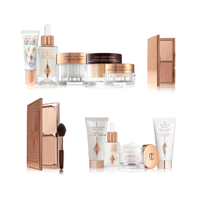  Lip oil in a white and gold-coloured tube, luminous face serum in a glass bottle, face creams and eye creams in glass jars with sleek lids, duo face contour palettes with mirrored lids, glowy primers in white and gold-coloured tubes, and clay mask in white and gold-coloured tube. 