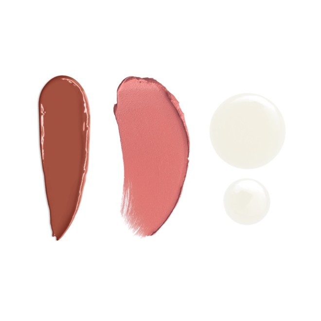 Swatches of satin-finish brick-red lipstick, nude pink matte lipstick, and glowy lip oil.