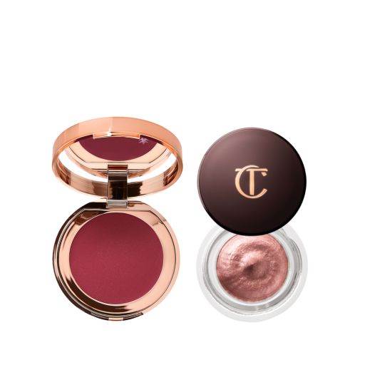 A berry-pink lip and cheek cream tint compact with a mirrored-lid with an open cream eyeshadow in a glass pot in a rose gold colour. 