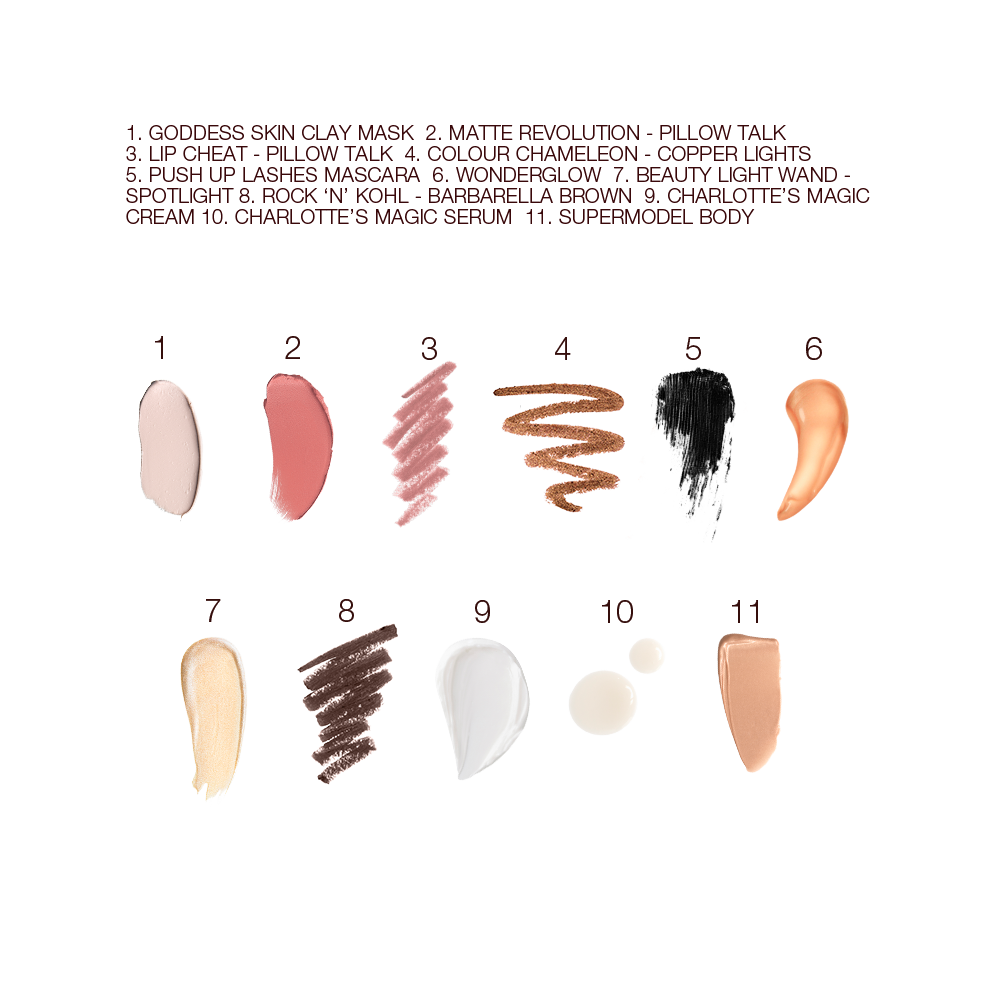 Swatches of a clay mask, nude pink matte lipstick, nude pink lip liner, eyeliner pencil in dark copper, black-coloured mascara, copper-gold liquid primer, champagne-coloured liquid highlighter, dark brown eyeliner pencil, pearly-white face cream, luminous ivory-coloured serum, and bronze-coloured body highlighter. 