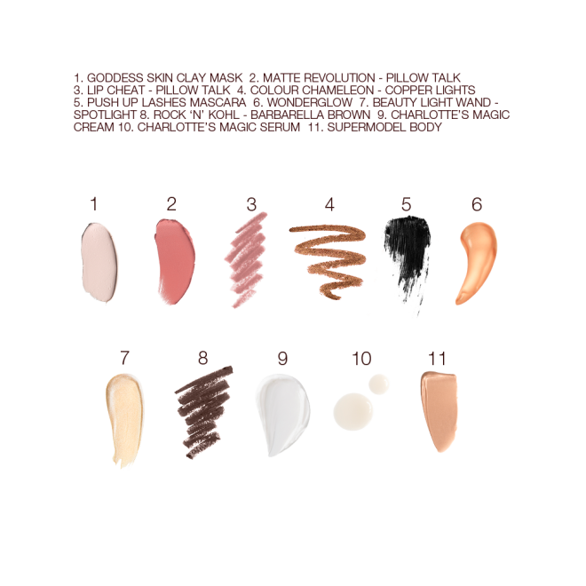 Swatches of a clay mask, nude pink matte lipstick, nude pink lip liner, eyeliner pencil in dark copper, black-coloured mascara, copper-gold liquid primer, champagne-coloured liquid highlighter, dark brown eyeliner pencil, pearly-white face cream, luminous ivory-coloured serum, and bronze-coloured body highlighter. 