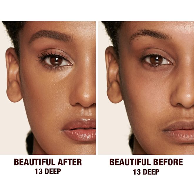 Beautiful Skin concealer in 13 on deep-tone model before and after Before and after of a deep-tone model without any makeup in the before shot and then wearing a radiant, concealer that brightens, covers blemishes, and makes her skin look fresh along with nude lip gloss and subtle eye makeup.