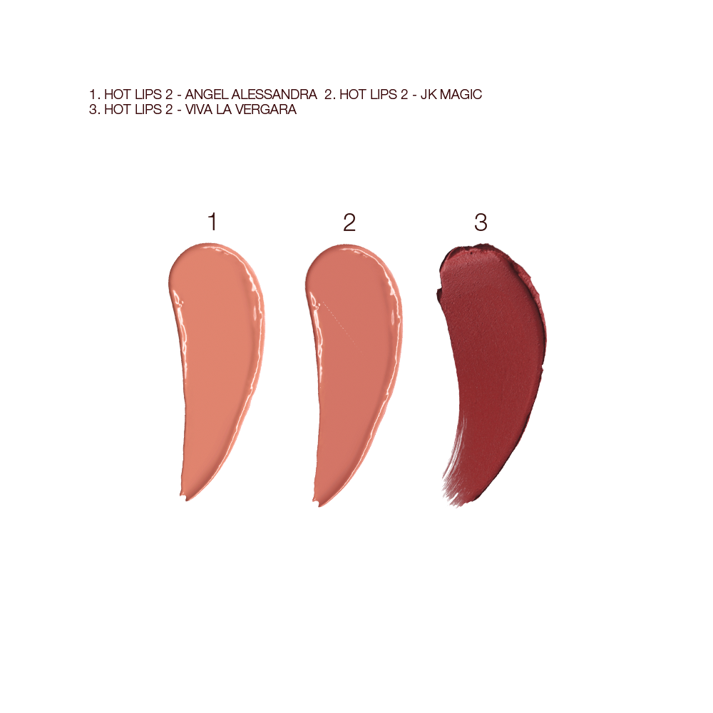 Swatches of three lipsticks in soft peach, nude peach and dark crimson colours. 