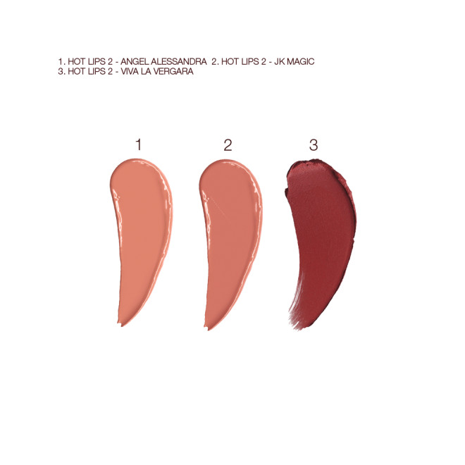 Swatches of three lipsticks in soft peach, nude peach and dark crimson colours. 