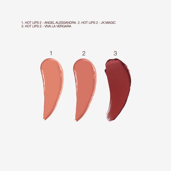 Hot Lips 2 Trio Magic Lip Kit swatches Swatches of three lipsticks in soft peach, nude peach and dark crimson colours.
