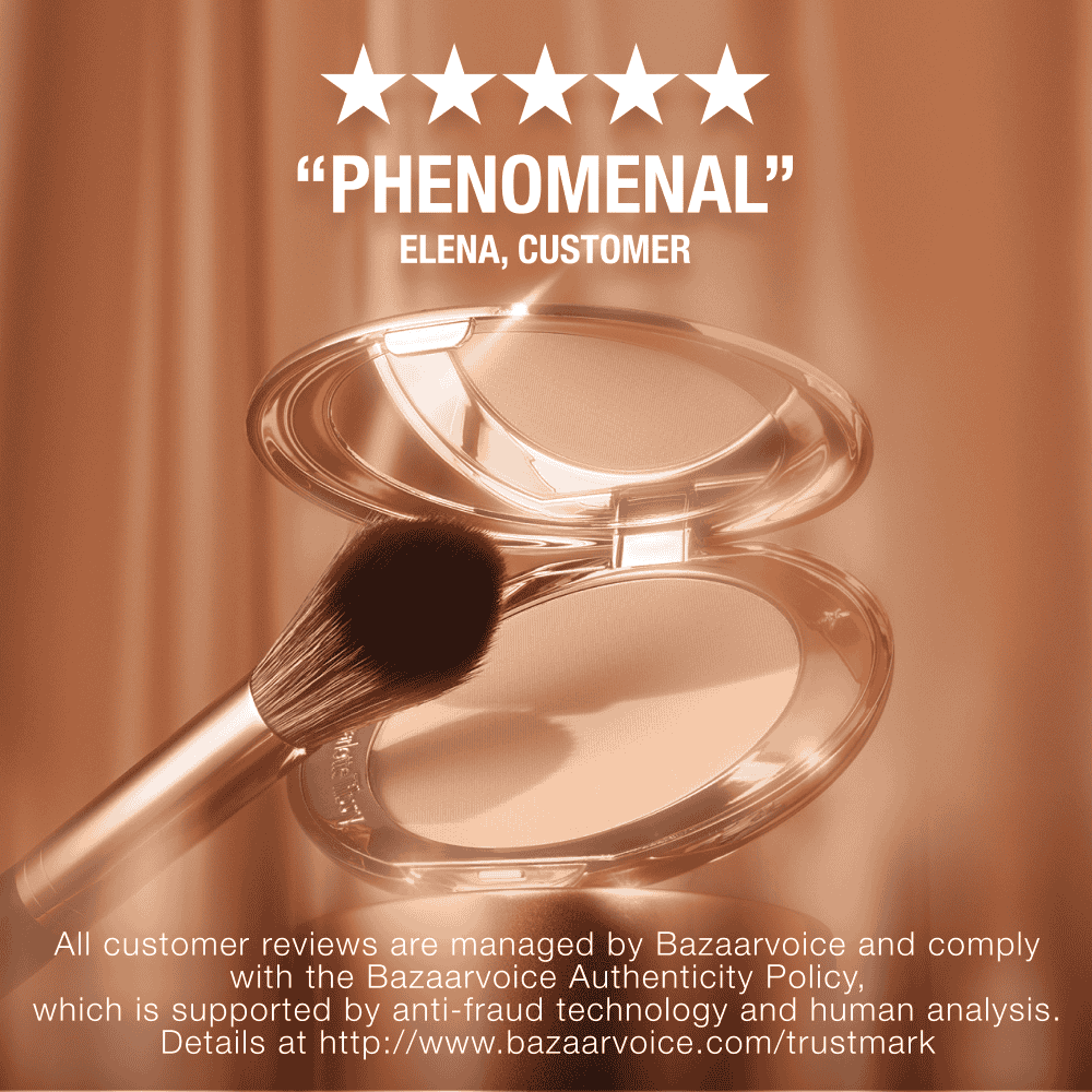 A collection of pressed powder compacts for light, medium-light, fair, and deep tones, in gold-coloured packaging with mirrored lids.