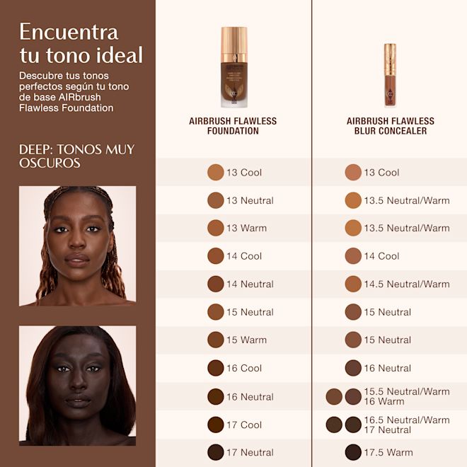 Airbrush Flawless Concealer - Navegación del tono Tan Tabla de correspondencias de tonos para la base de maquillaje Airbrush Flawless Foundation y el corrector Airbrush Flawless Blur Concealer de Charlotte Tilbury, en la que se muestran los tonos oscuros, desde el 13 Cool hasta el 17.5 Warm, con los correctores correspondientes.