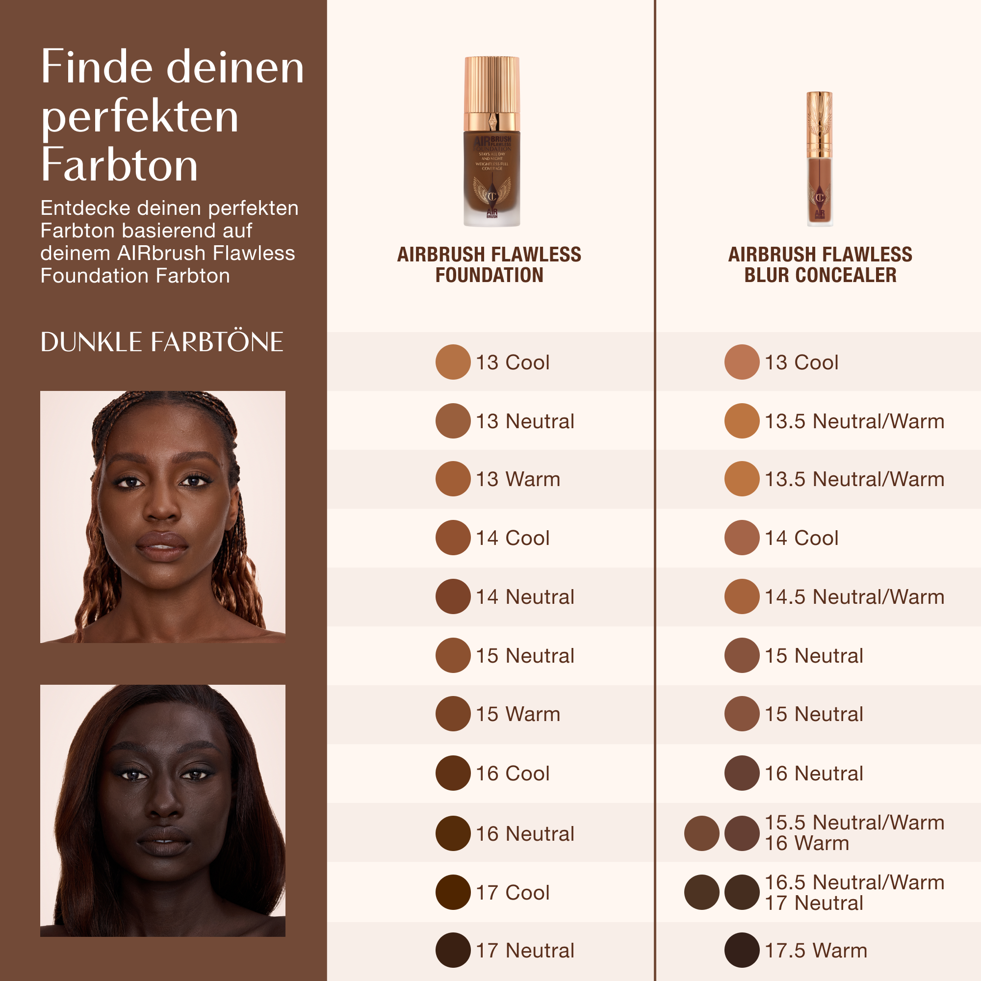 Farbpalette für Charlotte Tilbury Airbrush Flawless Foundation und Airbrush Flawless Blur Concealer, die Deep-Farbtöne von 13 Cool bis 17.5 Warm mit entsprechenden Concealer-Übereinstimmungen zeigt.
