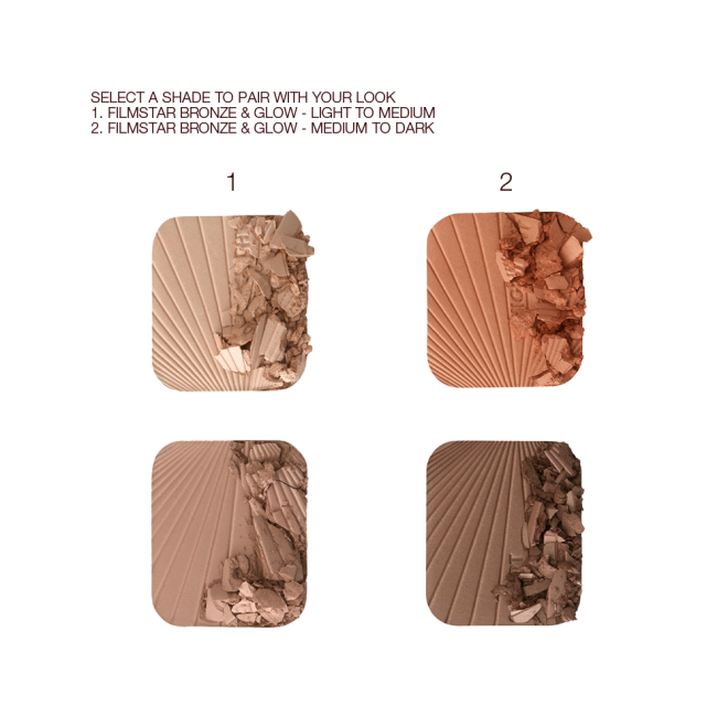 Swatches of two, glowy, duo powder contour palettes for light to medium skin tones and for medium to dark skin tones.