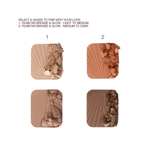 Swatches of two, glowy, duo powder contour palettes for light to medium skin tones and for medium to dark skin tones.