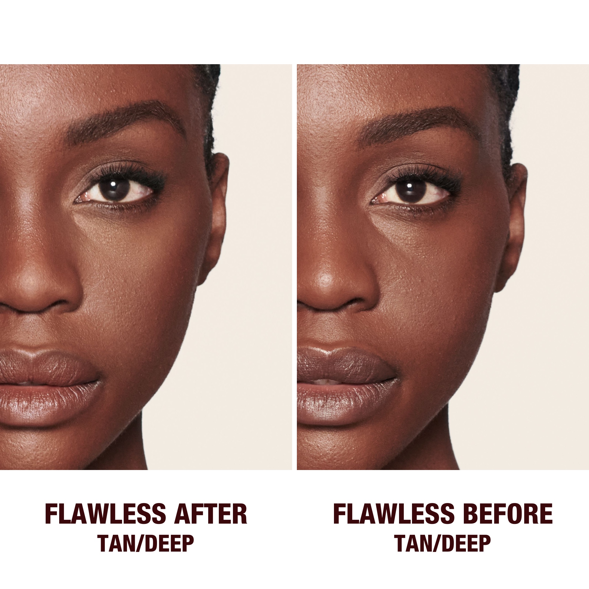 Before and after of a deep-tone model wearing glowy makeup without setting it in the before shot and wearing a radiant, setting powder that brightens, covers blemishes, and makes her skin look fresh. 