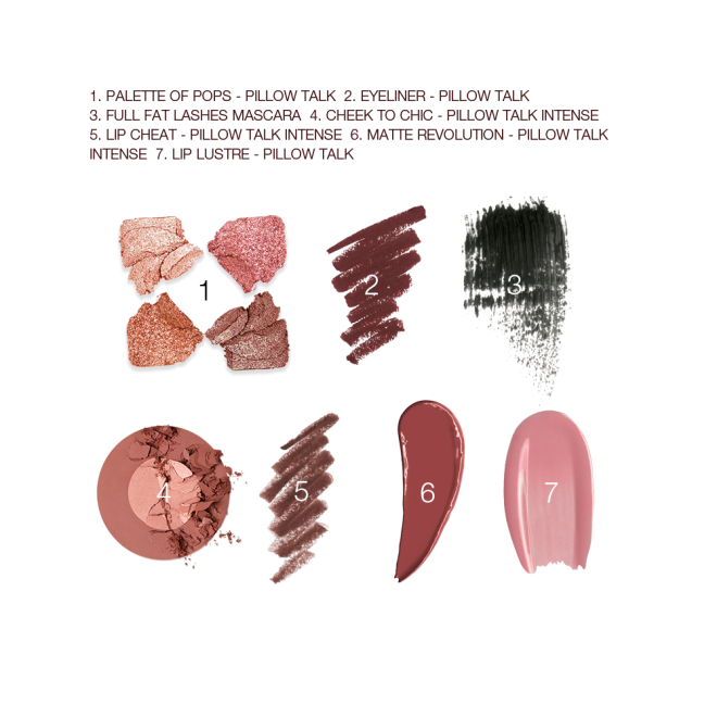 Close-up swatches of four, crushed eyeshadows in earthy tones, maroon eyeliner, black mascara, a two-tone blush in a warm pink, a lip liner swatch in chocolate brown, a satin berry-pink lipstick, and a nude-pink lip gloss. 