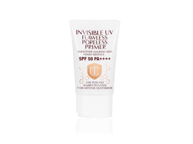 A primer in a white-coloured tube with a white-coloured lid with text on it that reads, 'invisible UV Flawless poreless primer SPF 50 PA++++'.
