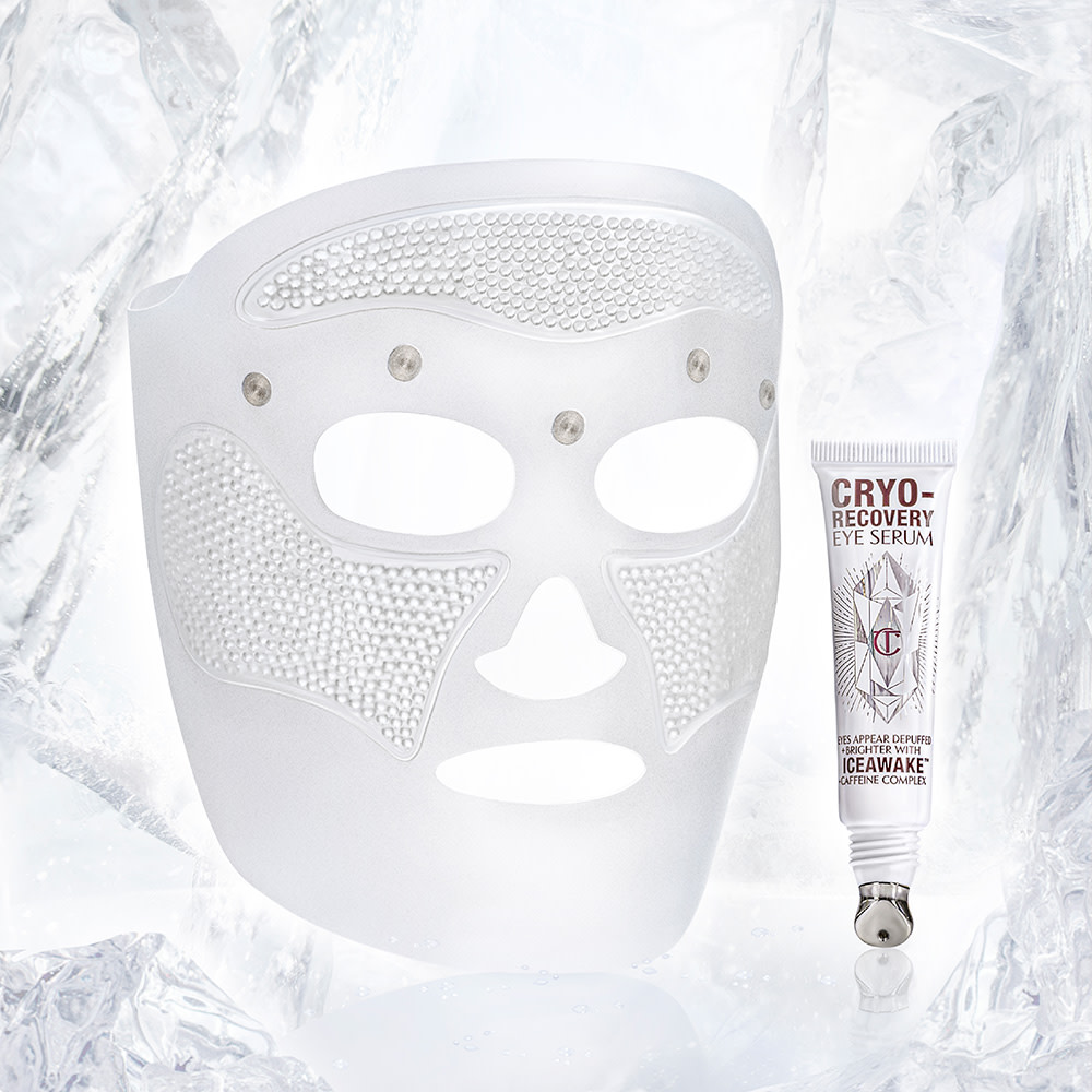 A textured, sheet mask with an eye serum in a white-coloured tube next to it.