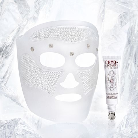 A textured, sheet mask with an eye serum in a white-coloured tube next to it.