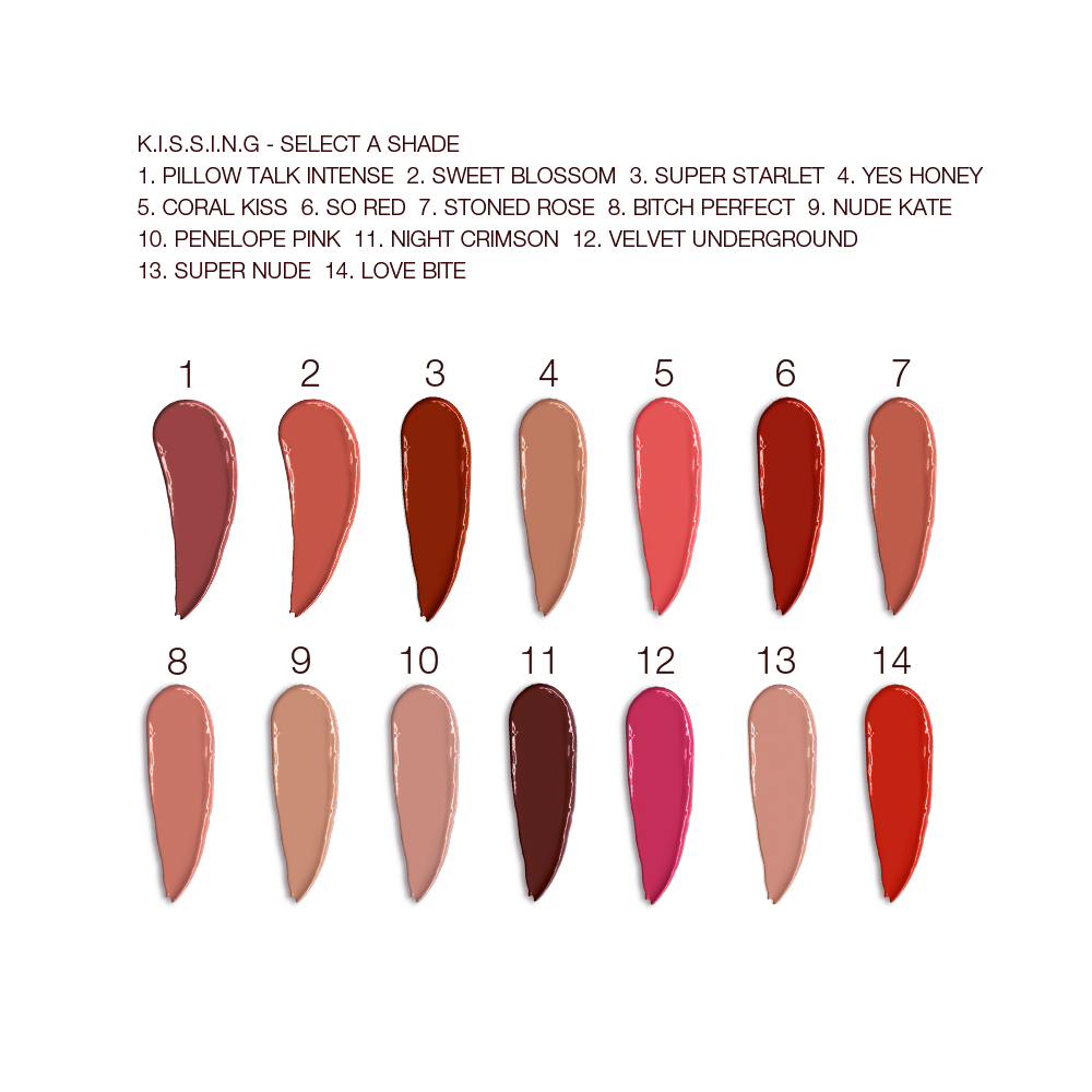 Swatches of fourteen lipsticks with a satin finish in shades of red, brown, orange, pink, and purple. 