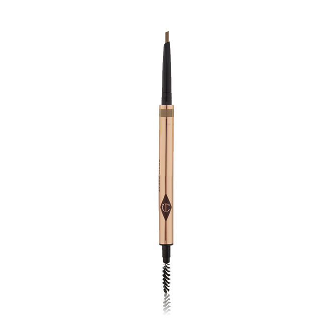 An open, double-ended eyebrow pencil and spoolie brush duo in a taupe shade with gold-coloured packaging 