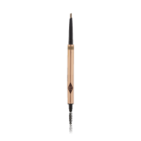 An open, double-ended eyebrow pencil and spoolie brush duo in a taupe shade with gold-coloured packaging 